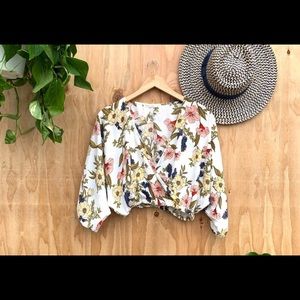 White Floral Crop Wrap Blouse Top